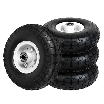 4.10/3.50-4 Tire and Wheel Flat Free, 10" Solid Tire 220LB Capacity Each, with 5/8" Bearings and 2.1" Offset Hub, for G orilla Cart, Garden Cart, Trailer, Dolly, Hand Truck, Wagon, 4 Pack, Silver