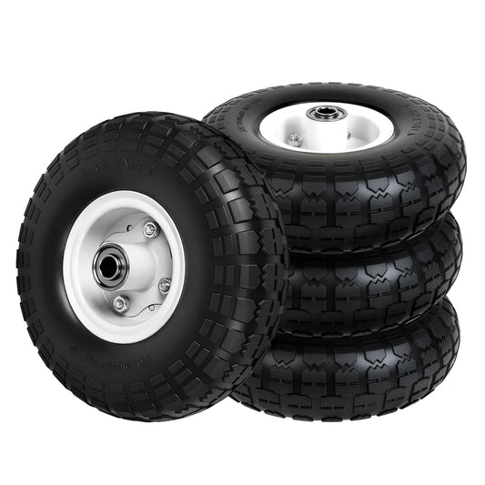 4.10/3.50-4 Tire and Wheel Flat Free, 10" Solid Tire 220LB Capacity Each, with 5/8" Bearings and 2.1" Offset Hub, for G orilla Cart, Garden Cart, Trailer, Dolly, Hand Truck, Wagon, 4 Pack, Silver