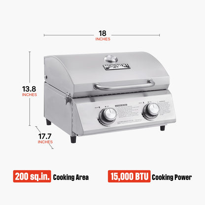 Monument Grills Tabletop Propane Gas Grill for Outdoor Portable Camping Cooking with Travel Locks, Stainless Steel High Lid, and Built in Thermometer