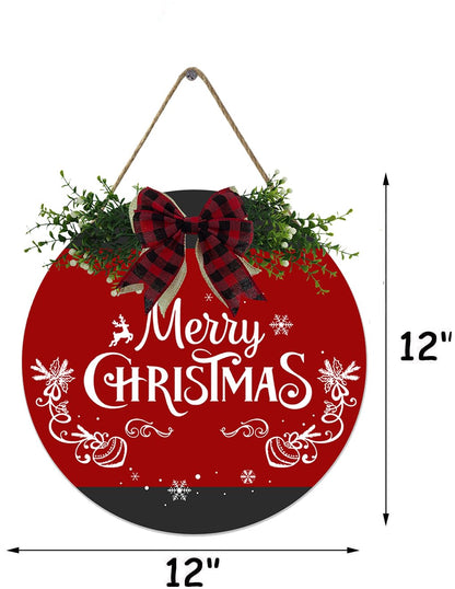 Fenarenes Christmas Welcome Sign for Front Door Decorations Hanging - Christmas Round Wood Sign with Bow for Farmhouse Outdoor Wall Home Decor 12x12 In