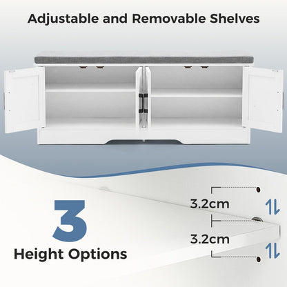 DUMOS Shoe Storage Bench, 47" Wide Shoe Organizer Cabinet with Padded Seat Cushion, 4 Doors, Adjustable Shelf for Entryway, Hallway, Bedroom, Living Room, White