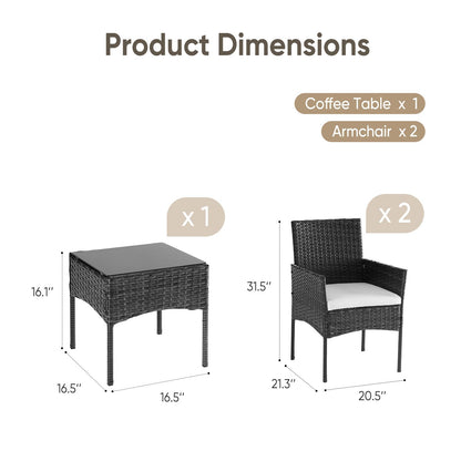 DUMOS 3-Piece Patio Furniture Set, All-Weather Outdoor Wicker Chairs with Removable Cushions & Tempered Glass Table, Small Bistro Set for Porch, Balcony, Lawn, Backyard, Black