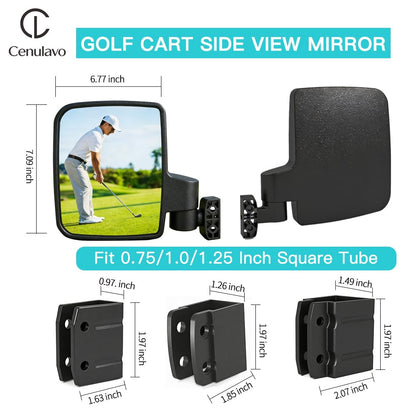 Cenulavo Golf Cart Mirrors, No Drilling Side Rear View Mirrors for Club Car EZGO Yamaha, Clamp On Foldable Wide Angle Anti-Vibration, Fits 0.75" 1" 1.25" Square Tube