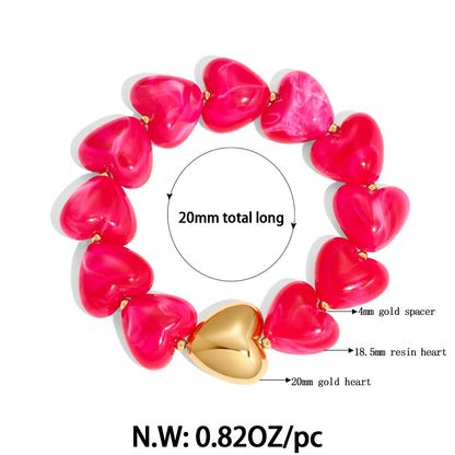 FAUTHENTICUTE Hot Pink Bead Strand Bracelet for Women Boho Fuchsia Red Beaded Statement Bracelet With A Puffy Heart Charm Chunky Stretch Bracelets For Summer Vacation Beach Jewelry Gift