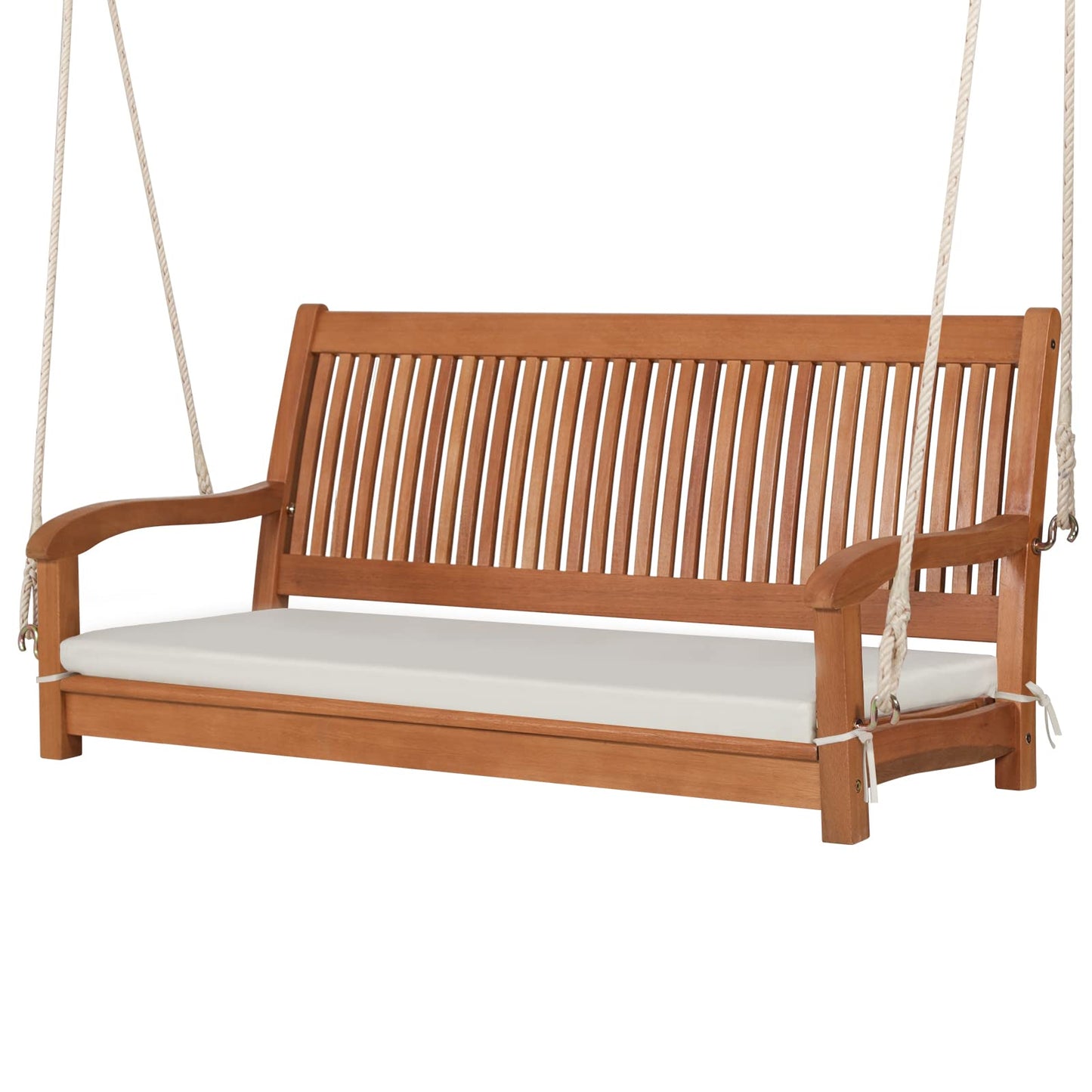 Tangkula 2 Person Hanging Porch Swing, Outdoor Bench Swing with Hanging Ropes, High Back, Cozy Armrests, Heavy Duty 800Lbs Wooden Hanging Swing Chair with Cushion for Backyard, Deck, Garden Natural