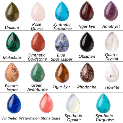 Fashewelry 38pcs Teardrop Healing Crystal Gemstone Cabochons 25x18mm Assorted Flatback Natural & Synthetic Energy Stone Cab Covers No Hole for Jewelry Craft Bracelet Necklace Making