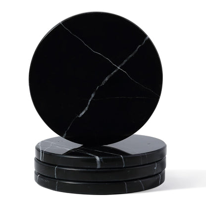 Koville Marble Coaster Set of 4, Round Coasters, 4" Stone Coaster for Drinks Coffee, White Marble Coasters for Coffee Table Home Bar Decor, Heat Resistant, Gift Choice(Black)