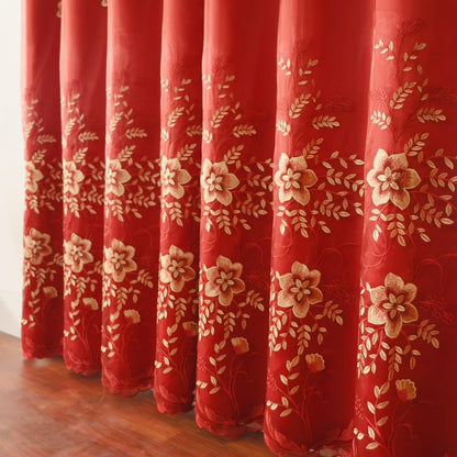 Amidoudou 1 Pair European Double Layer Curtains for Living Room Bedroom Luxury Flower Embroidered Curtains with Valance (Red,52x95 Inch)