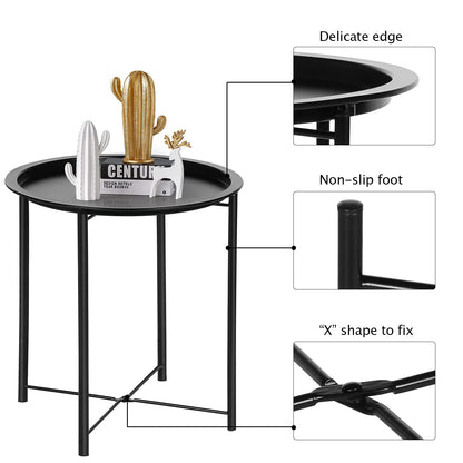 VECELO Side/End Table, Folding Round Metal Anti-Rust and Waterproof Outdoor or Indoor Tray for Living Room Bedroom Balcony and Office, 1 PCS, Black