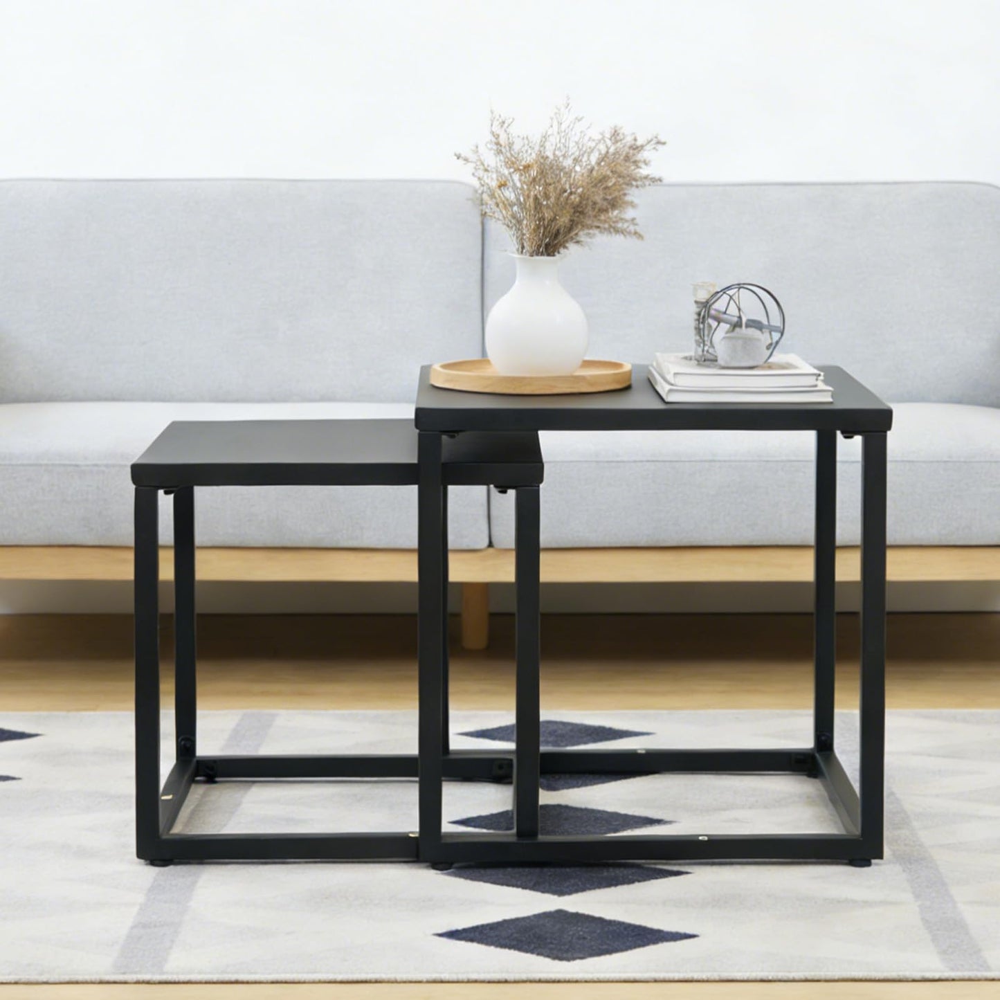 Meluvici Patio Outdoor Coffee Table Set of 2, Weather Resistant Steel Square End Tables, Outdoor Nesting Tables for Patio, Balcony, Bistro and Indoor, Black (Black)