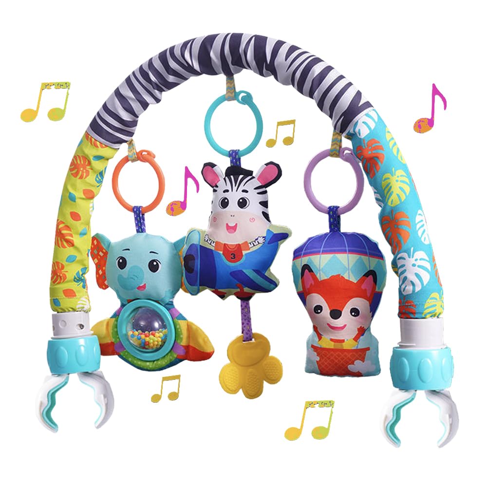 Baby Stroller Arch Mobile With Universal Clamps - Clip-On Activity Bar for Bassinet, Bouncer, Crib, Car Seat - Musical Infant Toys With Elephant Squeaker and Zebra Rattle