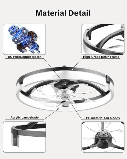 AIKVSXER 20" Ceiling Fan with Light, Modern Low Profile Fan Light, Quiet DC Motor, 6 Speeds, 3000K-6500K Dimmable LED, App & Remote Control, for Bedroom Living Room Indoor Home Decor