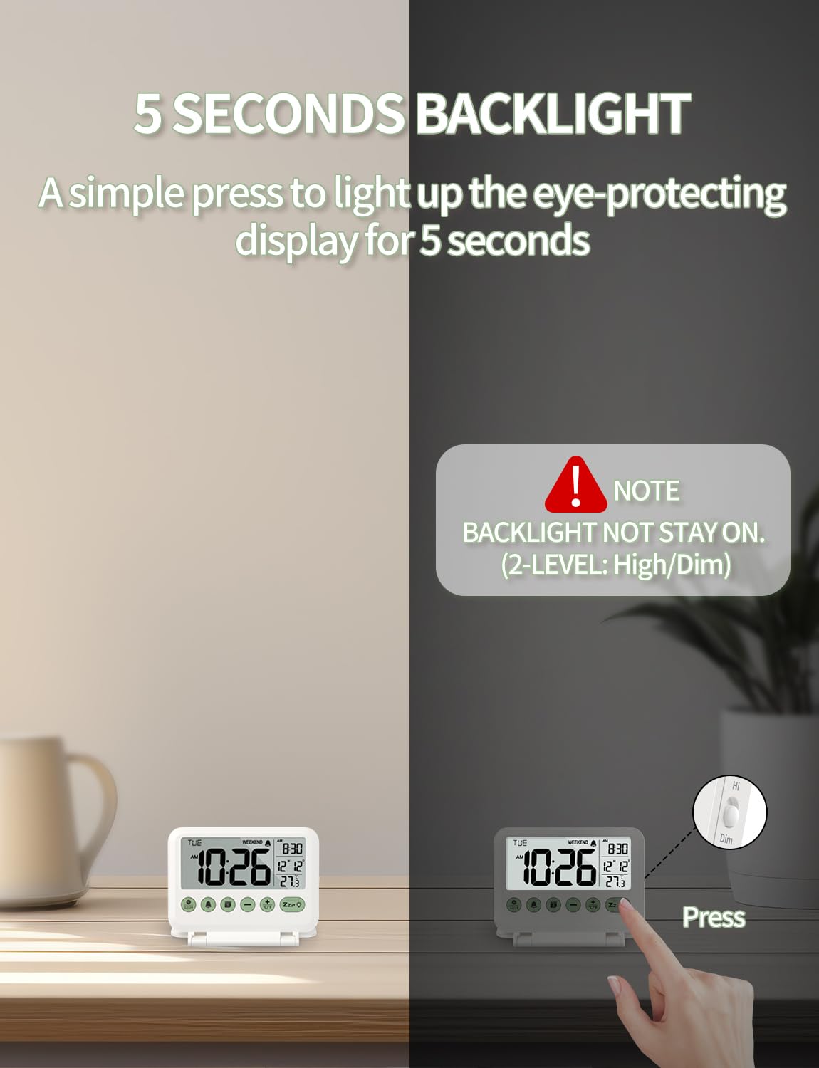 MeesMeek Digital Travel Alarm Clock - 3.54 inch LCD Display, 9-Minute Snooze, 2 Volume Levels, Backlight, Battery Included (White)