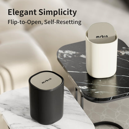 MRBIN Desk Mini Car Trash Can, 0.4 Gallon Table Top Plastic Waste Basket with Stainless Steel Lid, Small Garbage Bin for Bedroom, Coffee Bar, Vanity Countertop, Black
