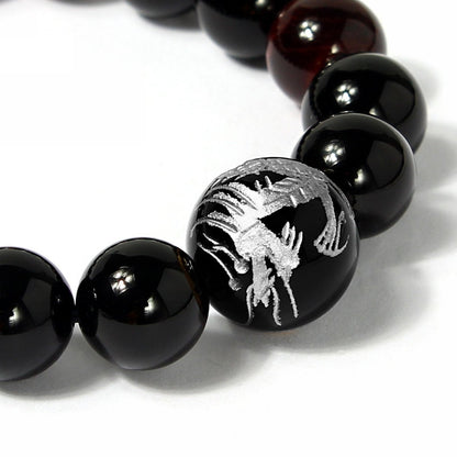 16mm Silver Dragon Pattern Tiger Eye Stone Bold Wrist Bracelets | Elegant Design Natural Lava Rock Black Beads Bracelets for Men | Charming Black Crystal Men's Bracelet Beads Set for Layered Looks