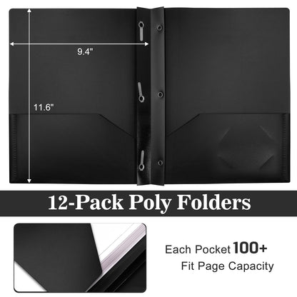 EEHZTSI 12-Pack Plastic Folders with Pockets and Prongs, 2-Pocket Poly Folders with 3 Fasteners Hold 8-1/2" x 11" Paper for School/Office/Home, Black