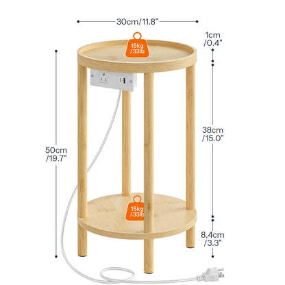 HOOBRO Small Round Side Table with Charging Station, 2-Tier Round Bamboo End Table, Compact Sofa Bedside Table for Small Space, Easy Assembly, for Living Room, Bedroom, Apartment, Natural YL156UBZ01