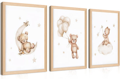 Framed Teddy Bear Wall Art Nursery Decor Set of 3, Bear Sleeping on The Moon and Stars Pictures Canvas, Neutral Bears Poster Prints Wall Decor for Kids Baby Room Girls Children Room – 12x16 inch