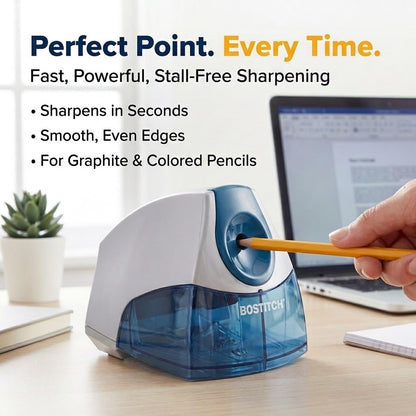 Bostitch Office Electric Pencil Sharpener, Heavy Duty Powerful Stall-Free Motor, High Capacity Shavings Tray, for Office or Classroom, Blue