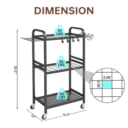 Hadulcet Garden Tool Organizer, Metal Garage Organization and Storage with Lockable Wheels, Garden Tool Rack with Storage Hooks, Heavy Duty Yard Tool Organizer for Garage, Shed, Lawn, Outdoor, Black