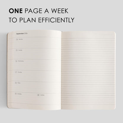 myPAPERCLIP 2026 Weekly Planner | Italian Vegan Leather Cover, 192 Pages, 80 GSM, A5 (5.83 x 8.27 in) | Flat Lay | Yearly Calendar, Monthly Overview & Weekly Planner Layout | Black