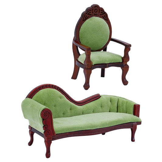 GOMAKERER 2 Pcs 2 Styles 1/12 Scale Victorian Miniature Couch Sofa, Mini Vintage Chaise Lounge Miniature Desktop Ornament for Adult DIY Craft Decor, Green