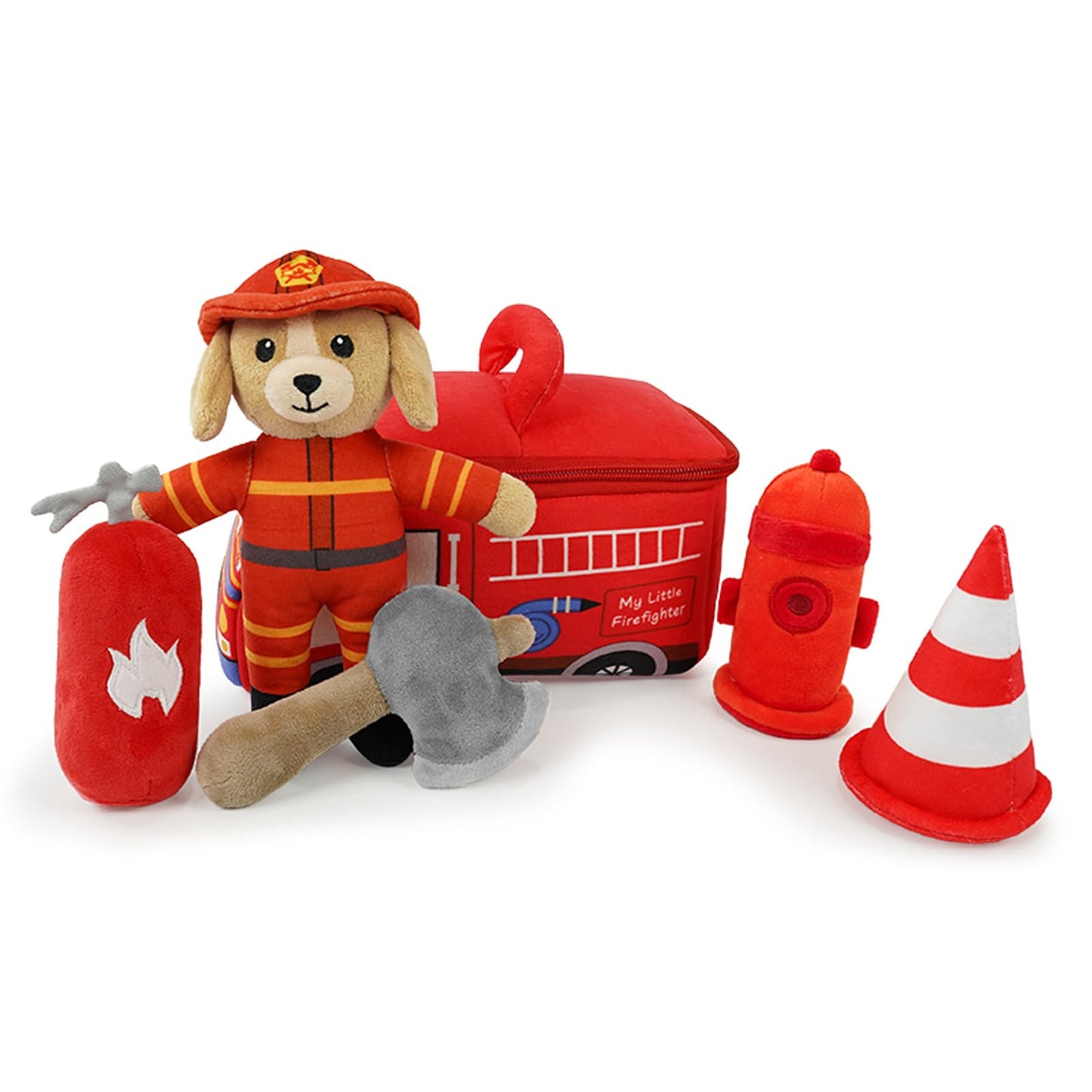 JUSTQUNSEEN Stuffed Plush Firefighter Kit for Baby Toddler, 6-Pcs My Little Playset, Sensory Pretend Play Toy with Fire Truck/Dog Firefighter/Extinguisher, Boy Girl Infant Gifts