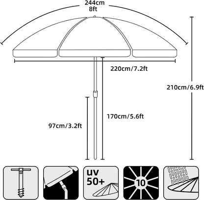 AMMSUN 8 FT Large Beach Umbrellas for sand with Sand Anchor Heavy Duty High Wind Portable Outdoor Umbrellas UPF 50+ Protection Air Vent Tilt Patio Garden Pool (Cream Khaki)