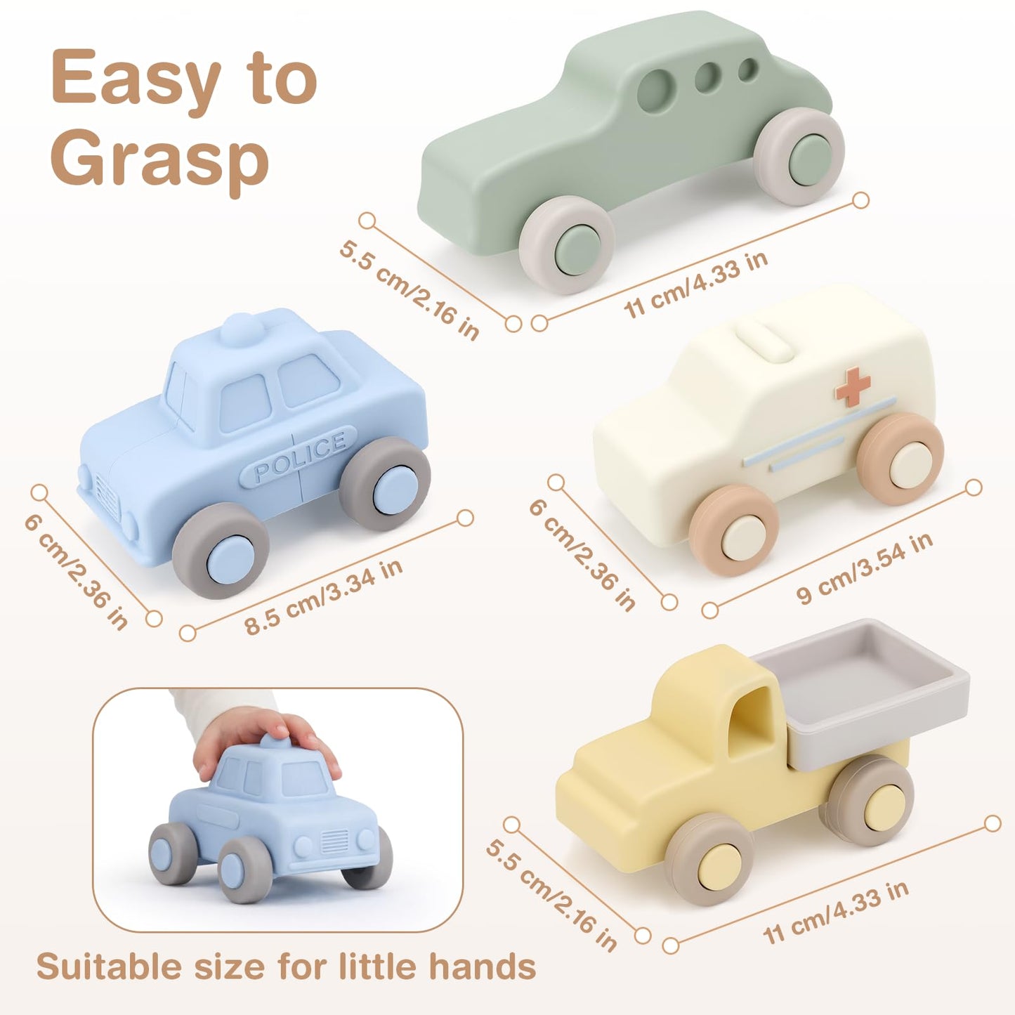 Vanplay Silicone Baby Car Toys with Storage Box - Soft Teething Toys for Babies 6-12 Months, One-Piece Design Push & Pull Baby Toys for Toddlers, Birthday Gifts for Boys Girls（4 PCS）