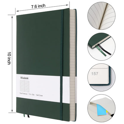 Wiisdatek B5 College Ruled Notebooks - 2 Pack B5 Large Journal Notebooks with 376 Numbered Pages,100gsm Thick Lined Paper,Soft PU Leather Cover,7.6 X 10 inch(GREEN)
