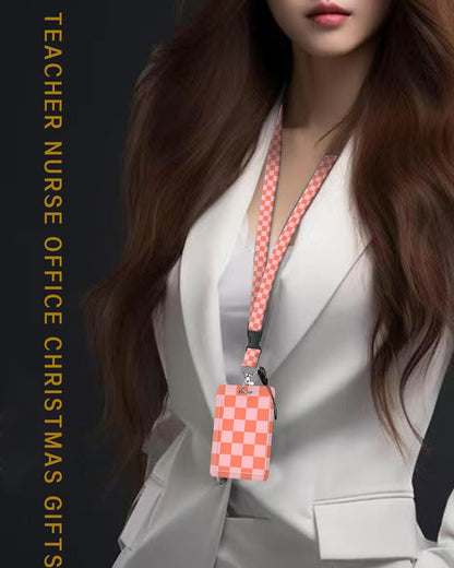 ID Badge Holder with Retractable and Detachable Lanyard, Cute Badge Reel Breakaway Lanyard with Carabiner Clip for Teachers, Nurses, Perfect Work and Office(Pink Red Checkerboard)