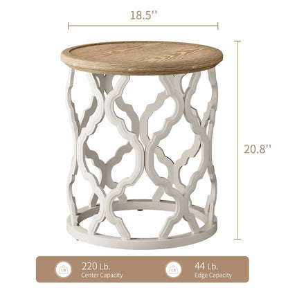 karlott Farmhouse End Table, 18.5'' French Country Round Side Table, Distressed Tray Top Side Table with Curved Motif Frame Base for Boho, End Tables Living Room, Bedroom, Small Space, Cream Beige