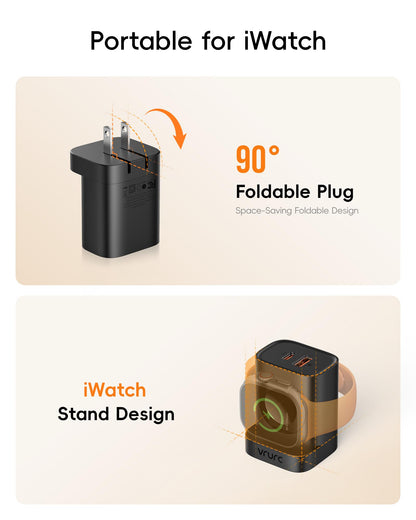 VRURC Charger for iPhone & Apple Watch, 20W USB C Fast Charging Block, 3-in-1 Compact Travel Adapter with 2 Port for iPhone 17/16/15/14/13, Wireless Magnetic for iWatch SE/11/10/9/8/7/6/5/4-Black