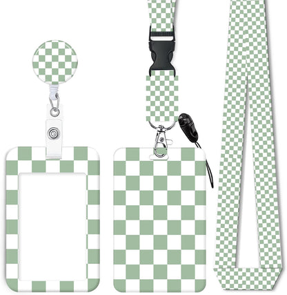 ID Badge Holder with Retractable Lanyard and Keychain, Badge Reel with Rotate Carabiner Clip,Cute Green Checkered Card Name Tag Lanyard ID Protector Bage Clips for Student, Women, Office