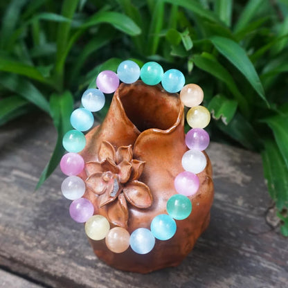 TaHLga 10mm Rainbow Selenite Bracelet - Iridescent Natural Crystal | Handmade Meditation Bracelet with Cat-Eye Effect | Come with Beading Tool Kit - Adjustable to 6.5-8 inches Wrist Size