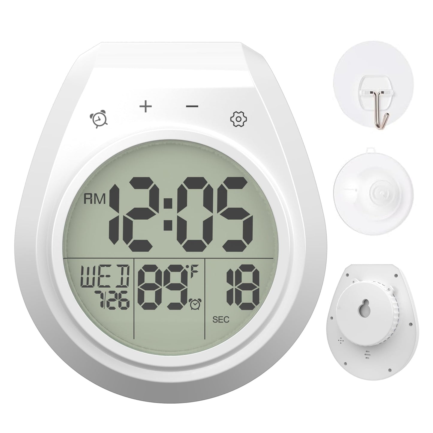 Yariaii Shower Clock with Timer Waterproof, Digital Bathroom Clock with Countdown, Temperature, Date, Week, Second, Suction Cup, Wall Hanging, for Mirror, Pool, Bath, Kitchen, Battery Operated, White