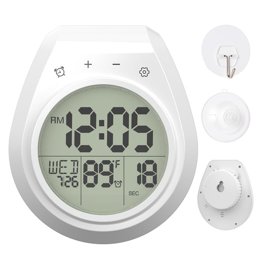 Yariaii Shower Clock with Timer Waterproof, Digital Bathroom Clock with Countdown, Temperature, Date, Week, Second, Suction Cup, Wall Hanging, for Mirror, Pool, Bath, Kitchen, Battery Operated, White