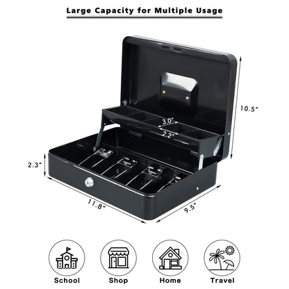 xydled Cash Box with Money Tray and Key Lock,Tiered, Cantilever Design,4 Bill / 5 Coin Slots,11.8" x 9.5" x 3.5",Black