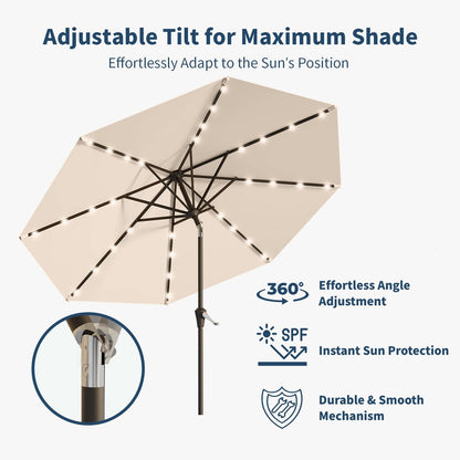 Patio Kingdom 10FT Solar Umbrella 32 LED Lighted Patio Umbrella Table Market Umbrella w/Tilt and Crank, UV-Resistant Outdoor Umbrella for Pool, Garden, Deck, Beige
