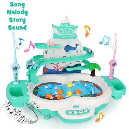 Magnetic Baby Fishing Toy Set, 3 in 1 Fishing Game for Toddlers & Kids with Slideway & Music Story, 10 Fish, 3 Dolphins, 2 Fishing Poles, Learning Educational Sound Effect Toys (Green1)