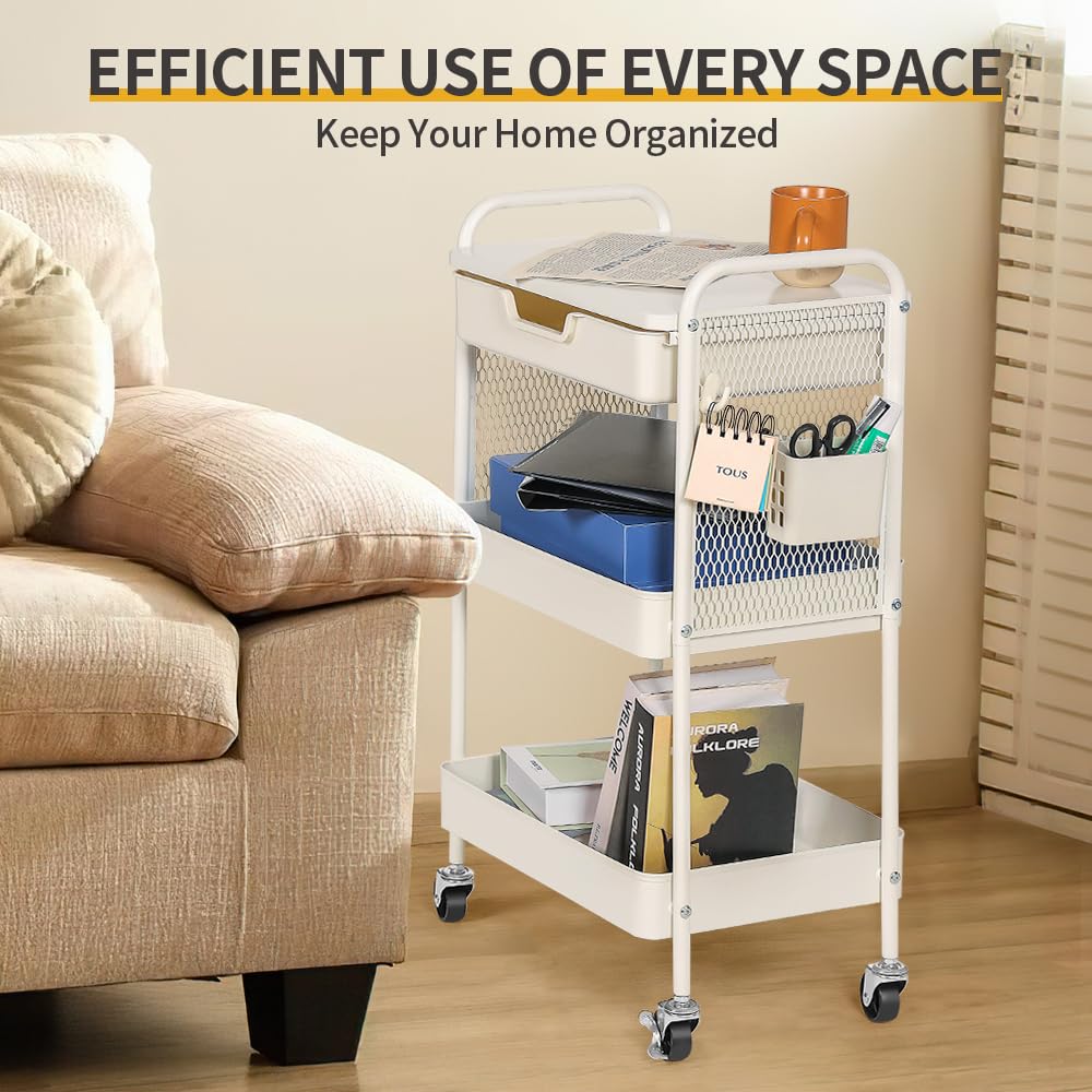 CRUDATE 3-Tier Rolling Cart with Drawer, Metal Utility Storage Cart Organizer with Lockable Wheels&Hanging Cups&Hooks, Mobile Storage Craft Carts Trolley with Mesh Shelves for Kitchen, Office-White