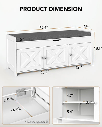 Amada Farmhouse Shoe Storage Bench with Cushion, 3 Doors & Lift-Top Storage, Adjustable Shelves, 300 lbs Capacity Entryway Bench for Bedroom, Living Room, Classic White