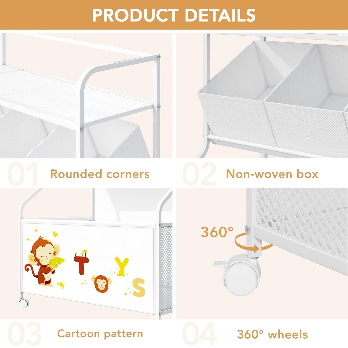 BBLIKE Toy Storage Organizer with Wheels - 3-Tier Kids Large Toy Box, Toy Chest Storage for Boys Girls Toddlers, Kids Bookshelf with 3 Fabric Toy Boxes for Playroom, White
