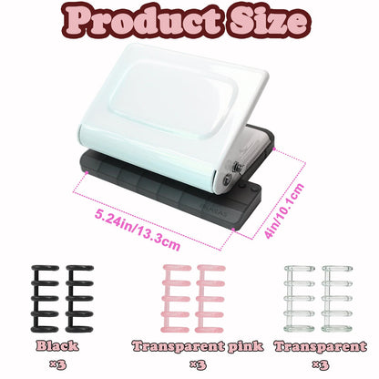 10 Hole Punch Binding Machine for Planners, Manual Paper Puncher for DIY Loose Leaf Notebooks, Includes 18 Colorful Binder Rings, Perfect for A4/A5/B5 DIY Scrapbooking, White