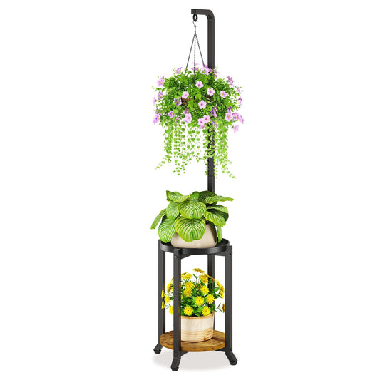 LASZOLA Black 2 Tier 61.5 Inch Tall Plant Stand Indoor with Hanging Ring, Large Heavy Duty Metal Vertical Corner Rack for Multiple Planter, Sturdy Rustic Flower Shelf Holder Organizer for House Patio