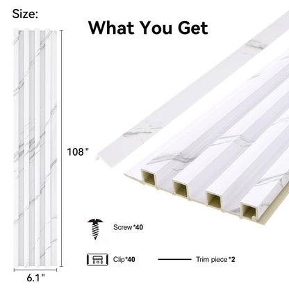 VESLARA 8-Pack WPC Wall Panels 108’’ x 6.1’’ 3D Slat Wall Panel Acoustic Wall Paneling for Interior Wall Decor TV Background Kitchen Bedroom Marble White