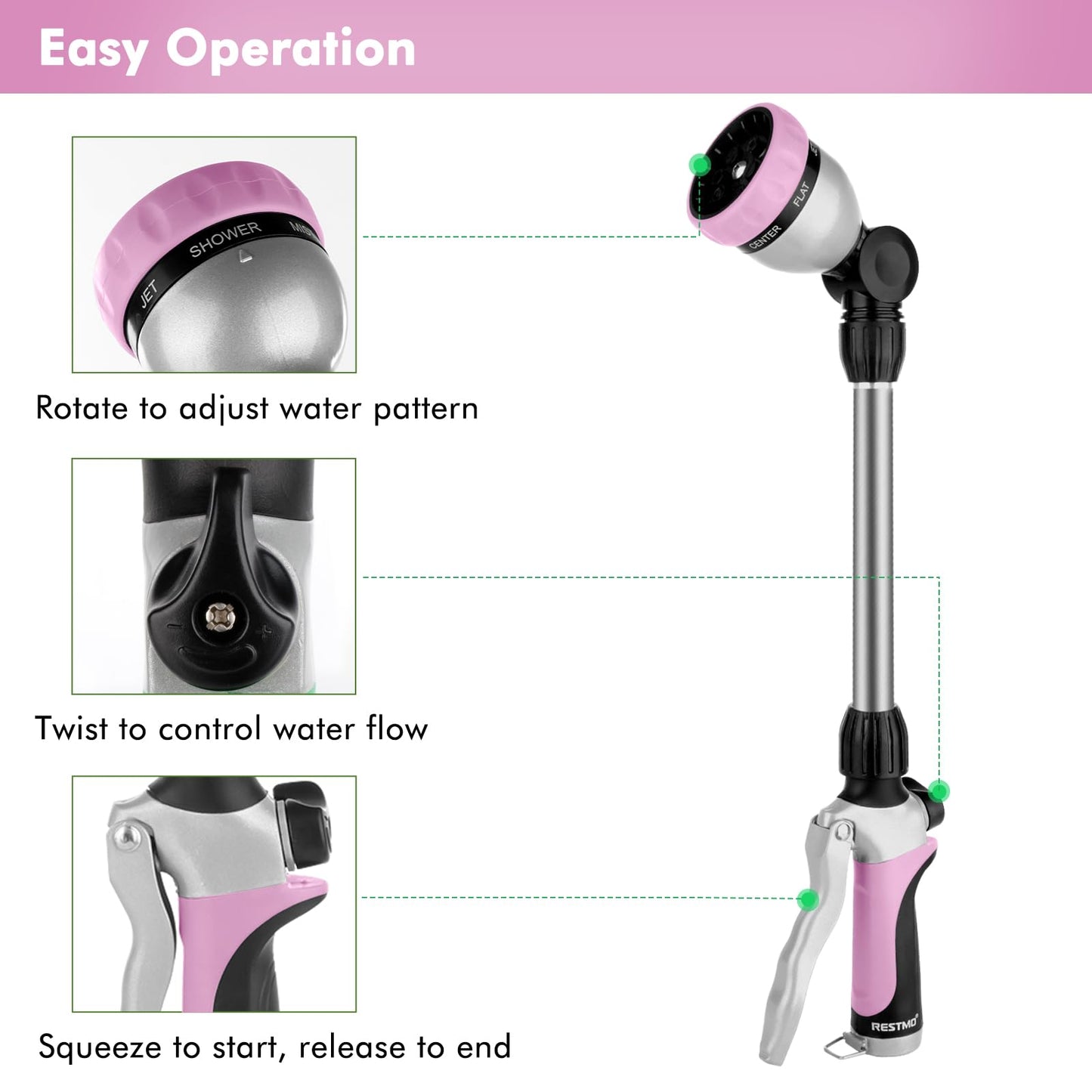 RESTMO Metal Watering Wand, Heavy Duty Garden Hose Wand with 180° Swivel Ratcheting Head, 16'' Hose Nozzle Sprayer with 7 Spray Patterns and Flow Control, for Water Hanging Baskets and Shrubs, Pink