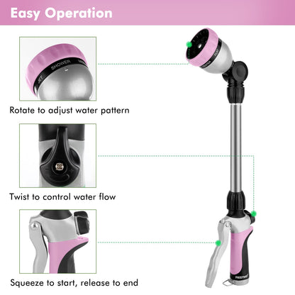 RESTMO Metal Watering Wand, Heavy Duty Garden Hose Wand with 180° Swivel Ratcheting Head, 16'' Hose Nozzle Sprayer with 7 Spray Patterns and Flow Control, for Water Hanging Baskets and Shrubs, Pink