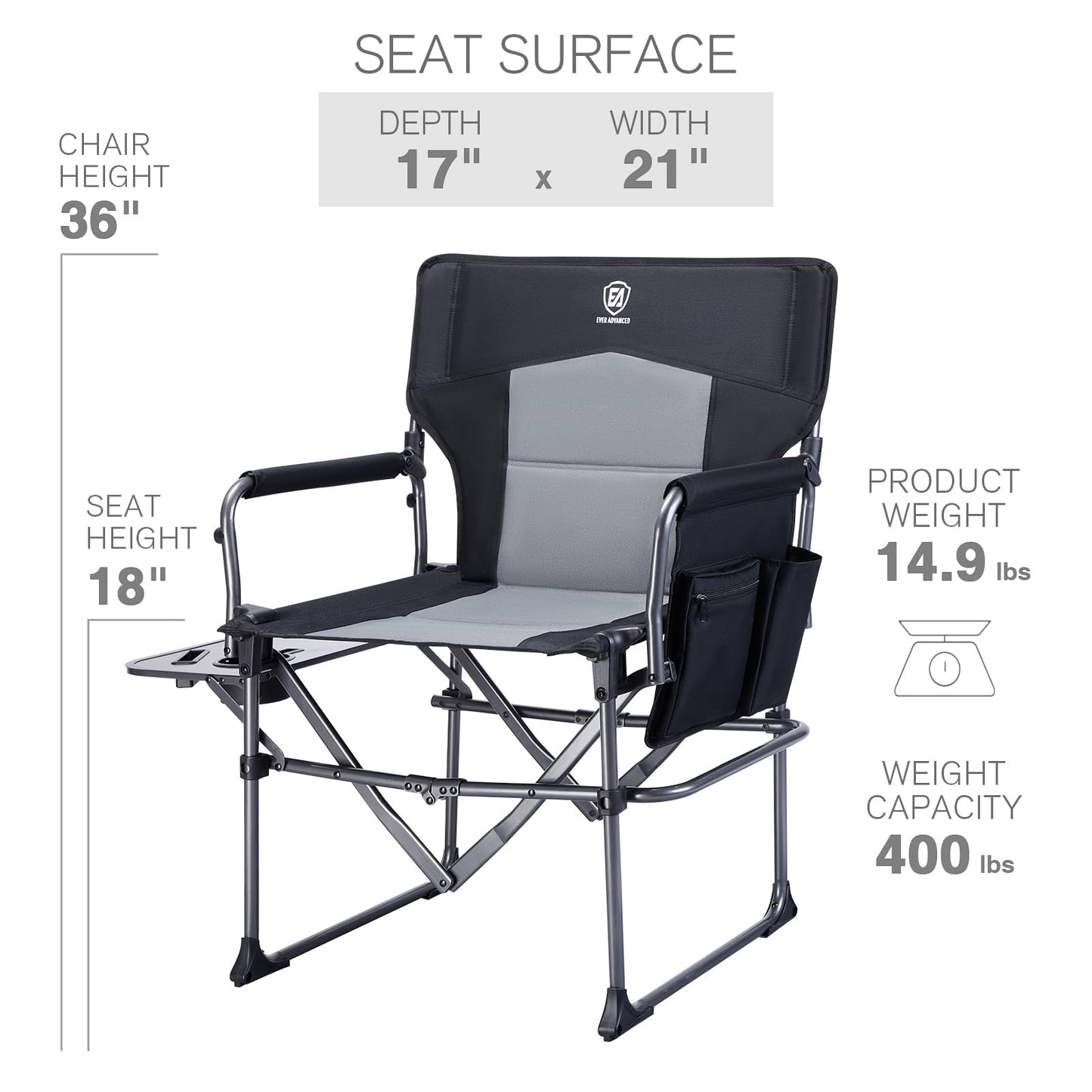 EVER ADVANCED Camping Directors' Chair with Side Table, Portable Folding with Compact Size, Heavy Duty Lawn Chair with Pocket for Camping, Lawn, Sports and Fishing, 400lbs, Black
