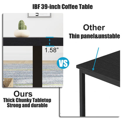 IBF Modern Black Coffee Table, Minimalist Industrial Wooden Center Table, Simple Farmhouse Rectangle Living Room Table, Wood and Metal Cocktail Coffee Table for Home Bedroom Office, Black Oak, 47 Inch